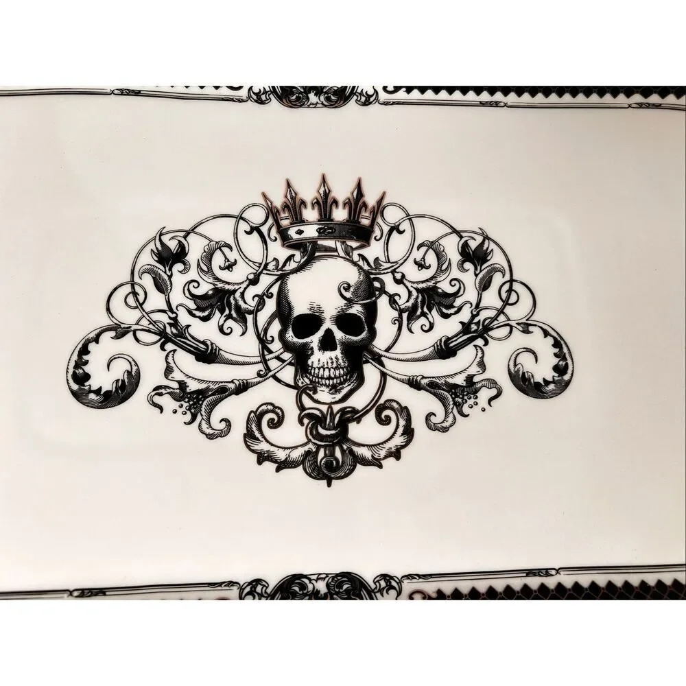 Monterey Bay Rectangular Serving Tray🎃Black White Serving Platter Skull W Crown
